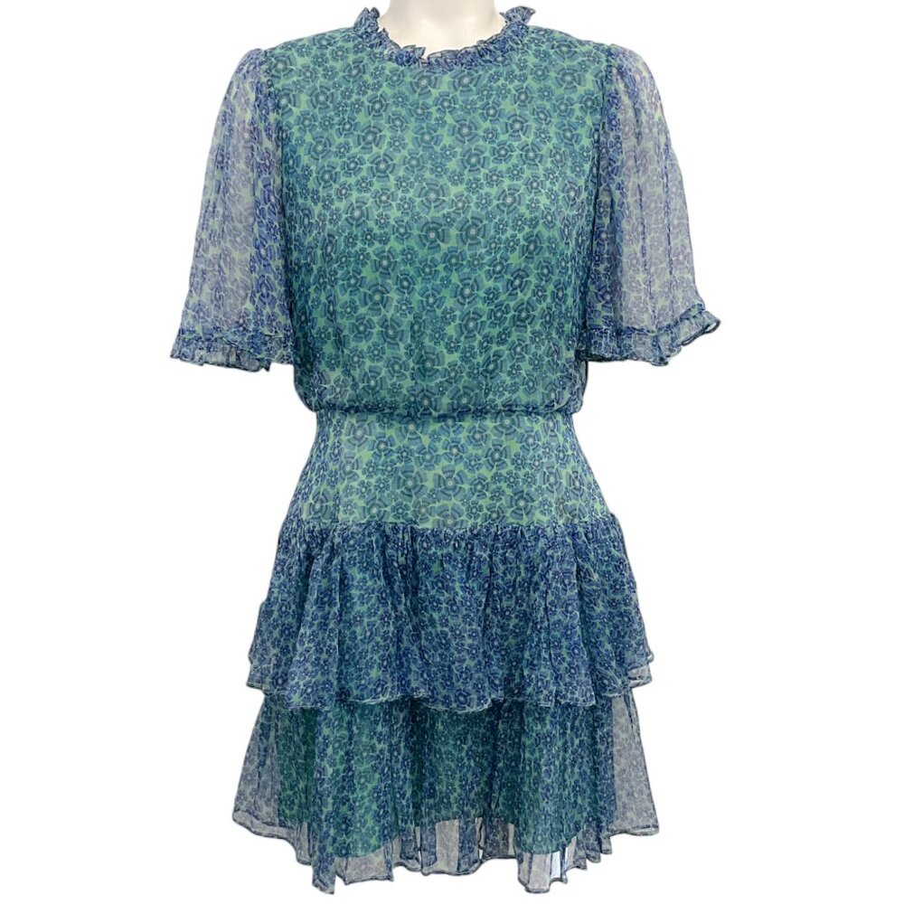 SALONI Green and Blue Ruffled Mini Dress Mock Neck Puff Sleeves